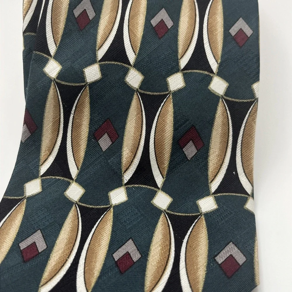 Conte di Milano Men's Necktie GEOMETRIC Abstract Art Deco 100% Silk Green/Black